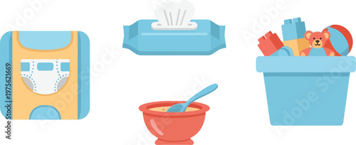 Baby care essentials including diapers, wet wipes, baby food, and toys are displayed as simple icons for parenting and childcare services.