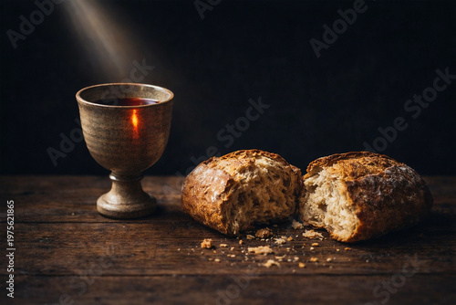 Rustic broken bread rests on a wooden table with a chalice of wine behind it.