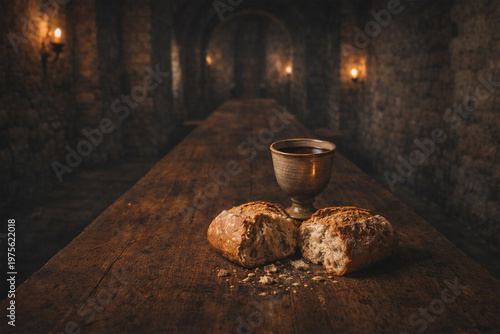 Rustic broken bread rests on a wooden table with a chalice of wine behind it.