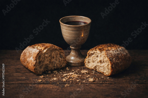 Rustic broken bread rests on a wooden table with a chalice of wine behind it.