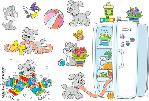 Little kitten and puppy playing at home, a set of vector cartoon illustrations isolated on a white background