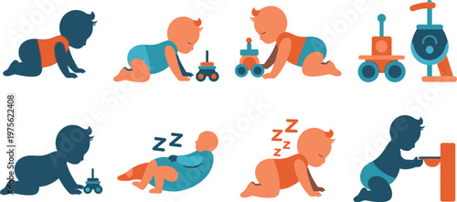 Infants crawling and playing with toys demonstrate early childhood development milestones in a flat vector set.
