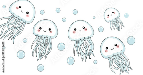 Adorable Group of Cute Cartoon Jellyfish with Happy Faces Floating Among Bubbles on White Background for Nursery Art and Children Design