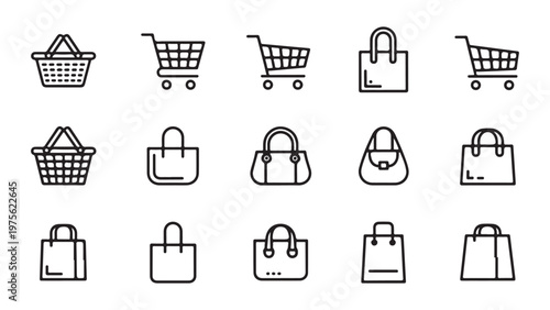Set of minimalist outline retail shopping icons including hand baskets and tote bags for ecommerce interface.