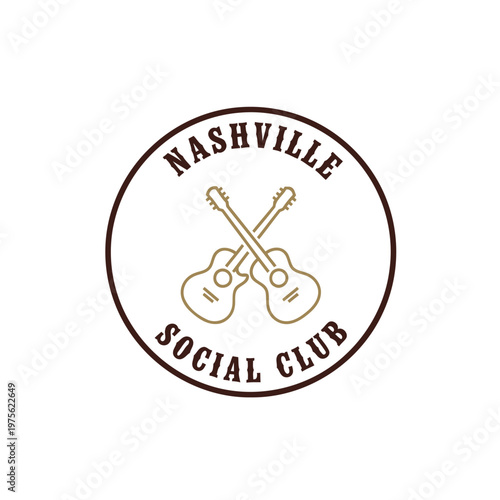 Nashville Social Club Logo With Crossed Acoustic Guitars, Country Music Emblem.