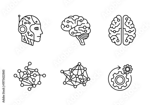 Brain and artificial intelligence icons, neural network symbols, ai and human mind illustrations