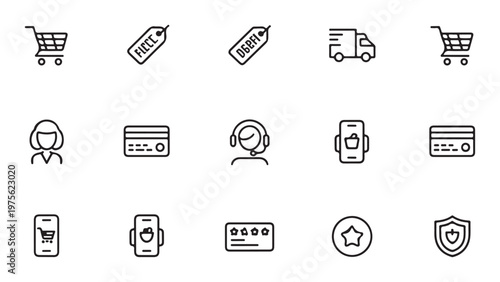 Minimalist vector icon set for e-commerce platforms and retail services.