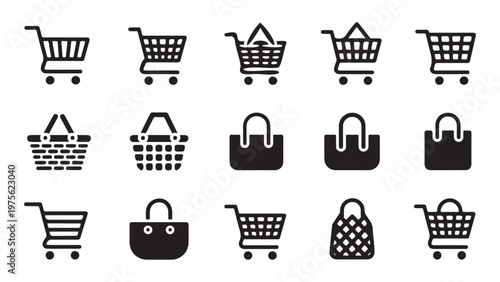 Shopping cart and basket icons set in solid black fill for e-commerce and retail.