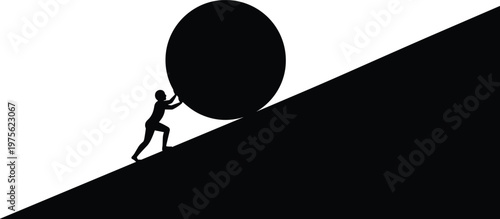 Business challenge concept with silhouette of man pushing heavy boulder uphill symbolizing perseverance, determination, hard work, overcoming obstacles, success journey and motivation