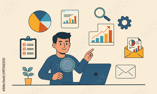 Flat vector illustration of a man analyzing business data using charts, reports, and a magnifying glass, representing research, analytics, and strategic decision making.