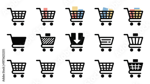Various shopping cart icons filled with colorful products for online store concept design and graphic elements.