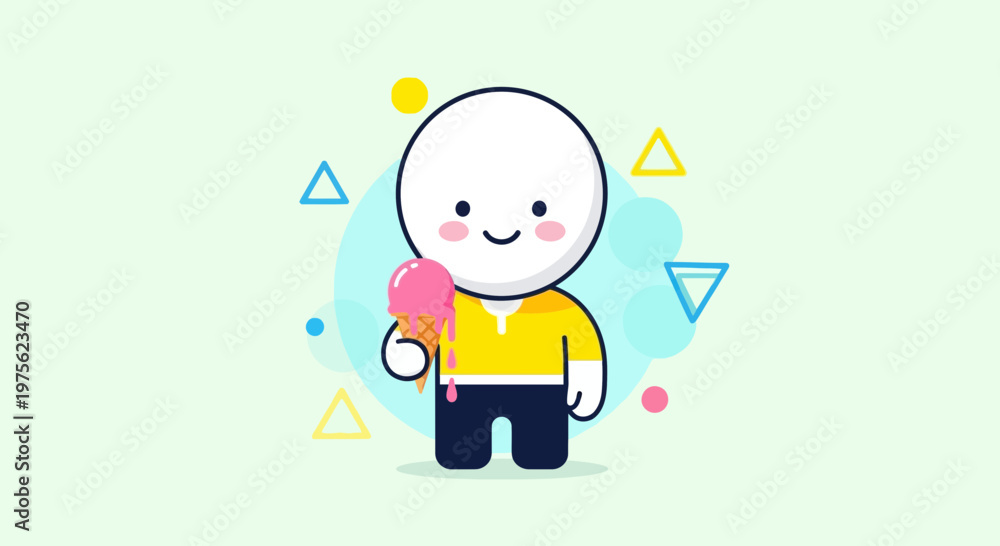 Fototapeta premium Cute Cartoon Character Eating Pink Ice Cream Cone with Geometric Shapes Background