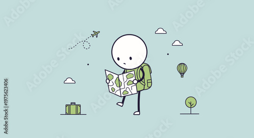 Cartoon traveler with backpack looking at map, planning adventure, surrounded by travel icons