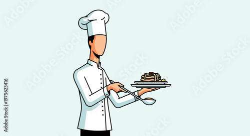 Chef holding plate of pancakes and ladle, illustration, flat design, light blue background