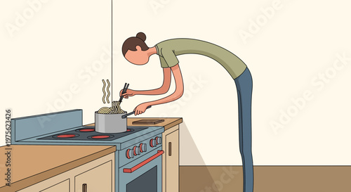 Cartoon Woman Cooking Pasta on Stove, Healthy Meal Preparation