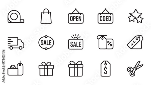 Retail and sale icons set including tape measure shopping bag open sign sale tags and gift box for promotion.