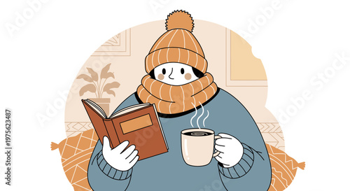 Cozy Person Reading Book and Drinking Hot Beverage in Winter