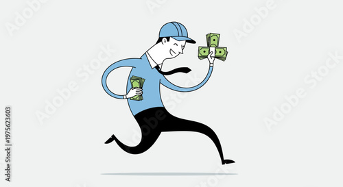 Happy Businessman Running with Money in Hands, Earning Profit