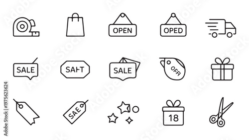 E-commerce icons collection with sale tags open signs gift box and scissors for online retail and shopping.
