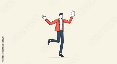 Happy Man Holding Tablet Computer, Celebrating Success, Modern Vector Illustration