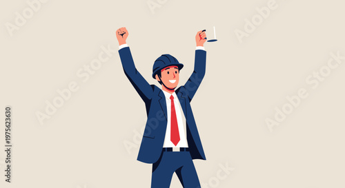 Happy Engineer Celebrating Success with Arms Raised and Hard Hat