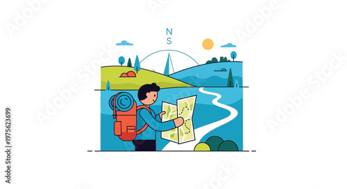 Hiker with backpack reading map in scenic landscape, adventure and travel concept