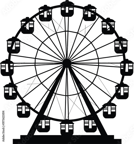 Ferris wheel silhouette icon representing amusement park attraction, carnival entertainment, leisure activity, tourism landmark, circular motion, funfair ride, and family recreation concept