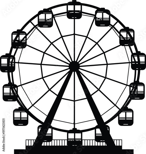 Ferris wheel silhouette isolated on white background, amusement park ride, carnival attraction, entertainment concept, large observation wheel, leisure activity, funfair structure illustration