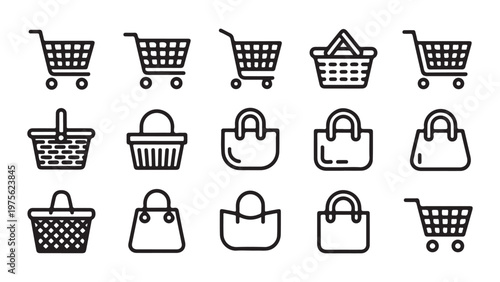 Collection of shopping cart icons with various symbols indicating actions and statuses, on white background.