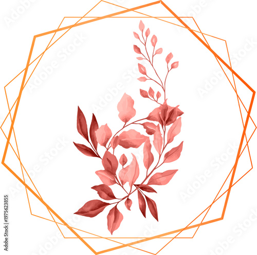 A beautiful arrangement of botanical leaf elements in red and gold tones, designed in a corner composition. This elegant and minimal style creates a natural yet luxurious feel, perfect for invitation