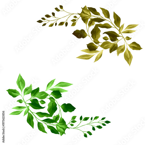 A beautiful arrangement of botanical leaf elements in green and gold tones, designed in a corner composition. This elegant and minimal style creates a natural yet luxurious feel, perfect for invitatio