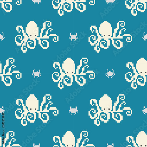Seamless geometric sea animal patterns on a blue background, designed for background decoration, fabric, clothing, gifts, and embellishments.