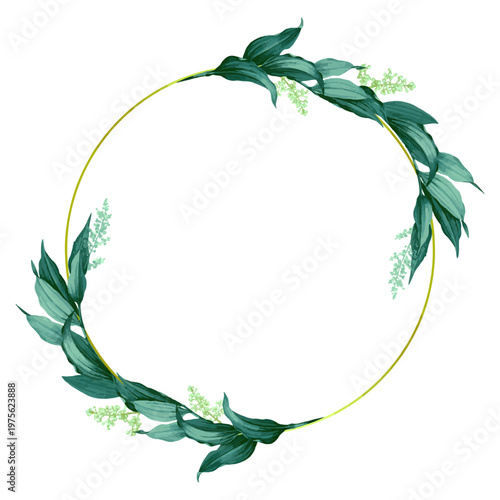 A delicate circular wreath made of soft green leaves arranged in a minimalist and elegant style. This botanical frame creates a natural and calming aesthetic, perfect for wedding invitations, greeting