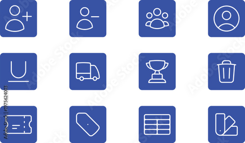 Set of 12 blue minimalist UI and business icons isolated.