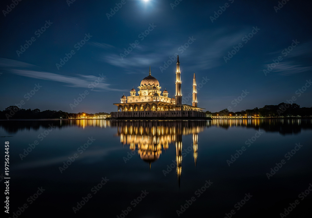 Fototapeta premium Long exposure shot of a fictional lakeside mosque, under dramatic blue night sky.