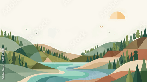 Modern flat landscape with river flowing through hills and forest under soft sunlight for travel and nature background design