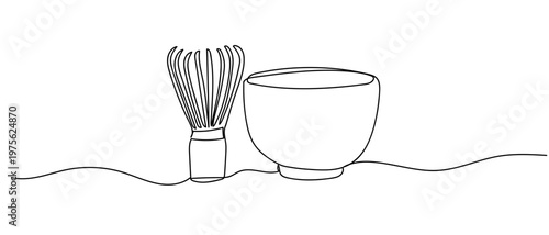 Green tea brewing equipment teacups and tea whisks. continuous one line drawing and minimalist style isolate outline Editable stroke.
