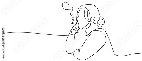 A woman is smoking a cigarette side view. continuous one line drawing and minimalist style isolate outline Editable stroke.