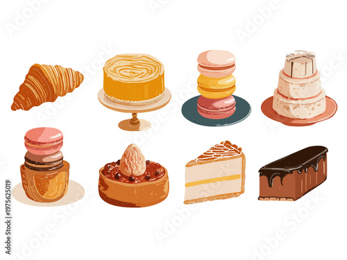 collection of french patisserie items with macarons croissant and gourmet cakes