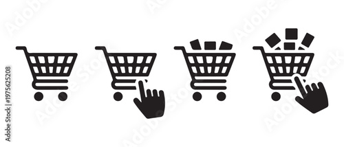 Hand cursor clicking shopping cart icons representing add to basket action for mobile app and ecommerce store.