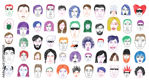 faces of people doodles vector illustration , hand drawn multicolored heads mans and womans  , modern society background