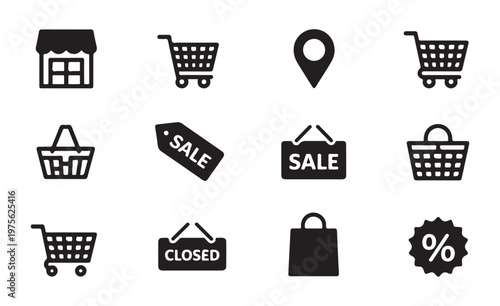 Shopping and e-commerce vector icons set, includes store, cart, location, sale, closed, and percentage.