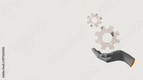 Trendy Halftone Collage Hand with cogwheel gears