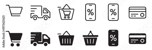 Minimalist outline icons for e-commerce representing shopping cart delivery truck payment and mobile sales.