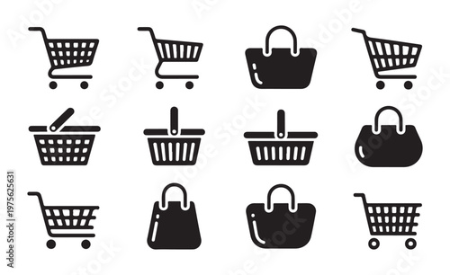 Shopping cart and basket icons set, supermarket trolley, and shop bag symbols for e-commerce design.