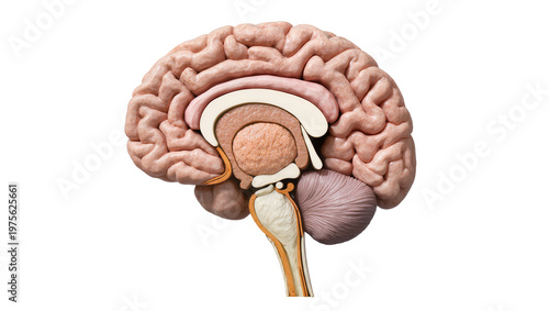 Canvas Print Detailed human brain sagittal view with cerebellum and brainstem, isolated on tr