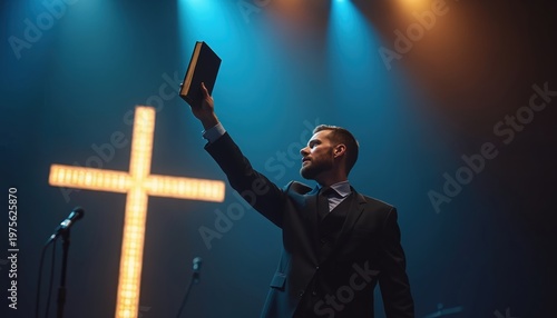 Man in suit holds Bible on stage under bright cross. Preacher gives sermon with microphones and spotlights. Worship service for Christian faith with hope.