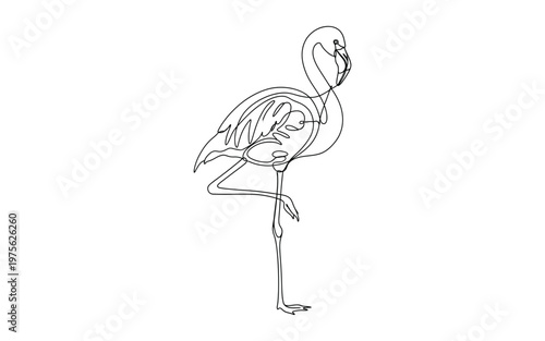 Single line continuous drawing of a flamingo standing on one leg, elegant and stylized bird, isolated on white background.