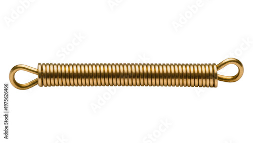 Golden metal spring with looped ends, isolated on transparent background