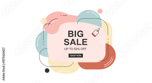 Big Sale Up to 50% Off Banner with Abstract Shapes and Shop Now Button
